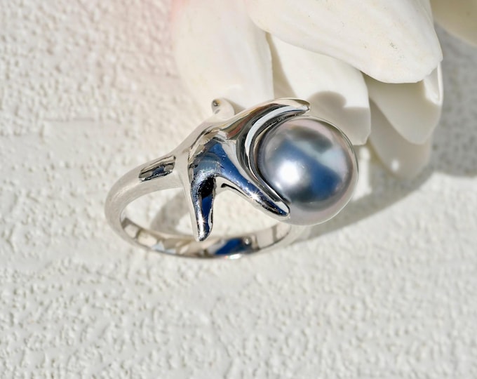 Sterling Silver Starfish Tahitian Pearl Ring: Adjustable, Open Ring, 10.4mm, Ocean Inspired