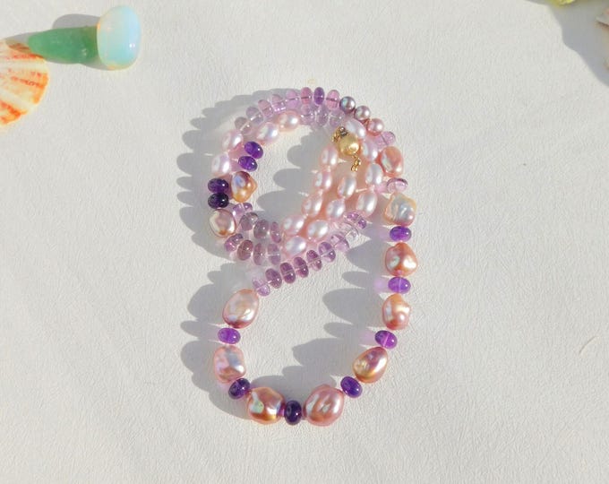 Ombre Freshwater Keshi Pearl Necklace: Ombre Smooth Amethyst, AAA, Solid 14k Clasp, Gemstone and Pearl Necklace, 24 Inches