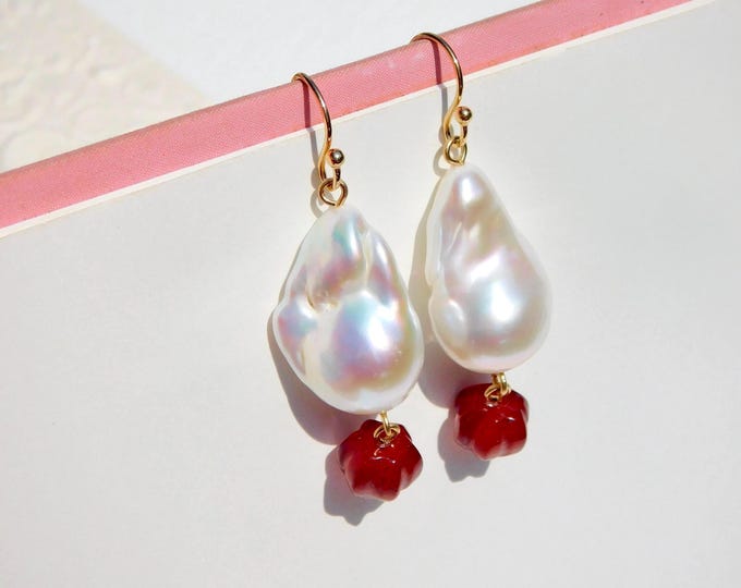 Large Freshwater Baroque Pearl Earrings | Solid 18K Yellow Gold | Carved Red Agate | Large Pearl Earrings | Red | White | AAA | White
