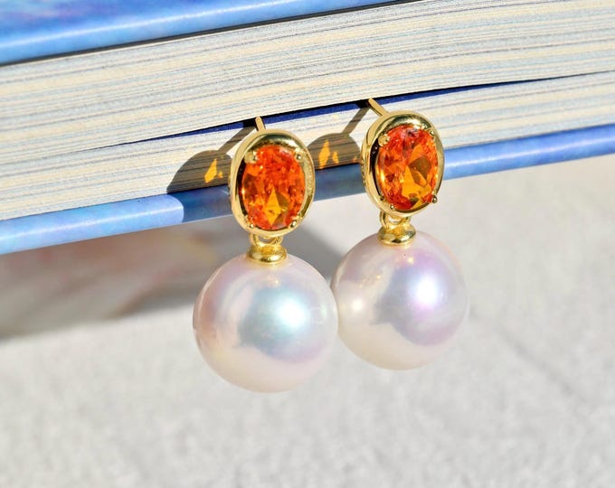 Bright Orange CZ and Pearl Drop Earrings: Vermeil, AAA+, Freshwater Pearls, 12.2mm