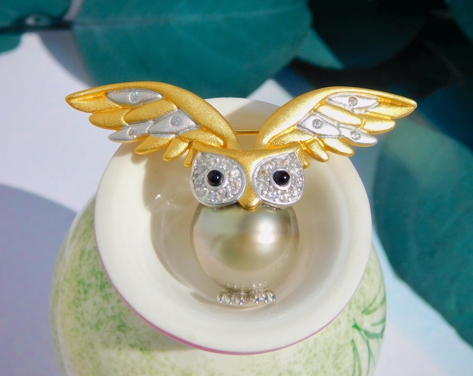 Tahitian Pearl Owl Brooch | Gold plated Silver | 14.7mm | Sterling Silver | S925 | AAA | Pearl Pin | Animal Brooch | Pearl Pin | Cute Owl