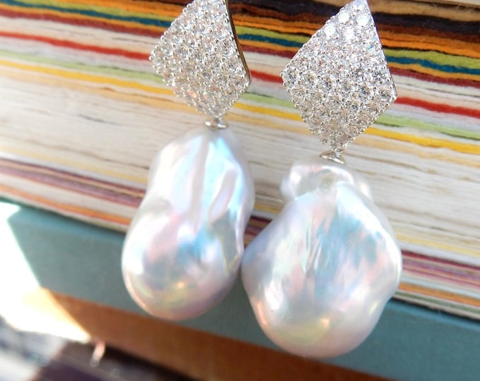 Cluster Large Baroque Pearl Earrings  | Sterling Silver with CZ | White Freshwater Pearls | Large Pearls | 17mm x 25mm