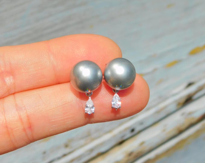 Gray Tahitian Pearl Earrings | CZ Teardrops | Solid 9kt White Gold | 10.8mm | AAA | Saltwater Pearl | Light Tone Tahitian Pearl Earrings