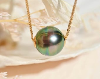 Floating Tahitian Pearl Necklace: Vivid Peacock, Solid 18K Gold Pin-end Chain, 11mm, AAA+, Circled Pearl