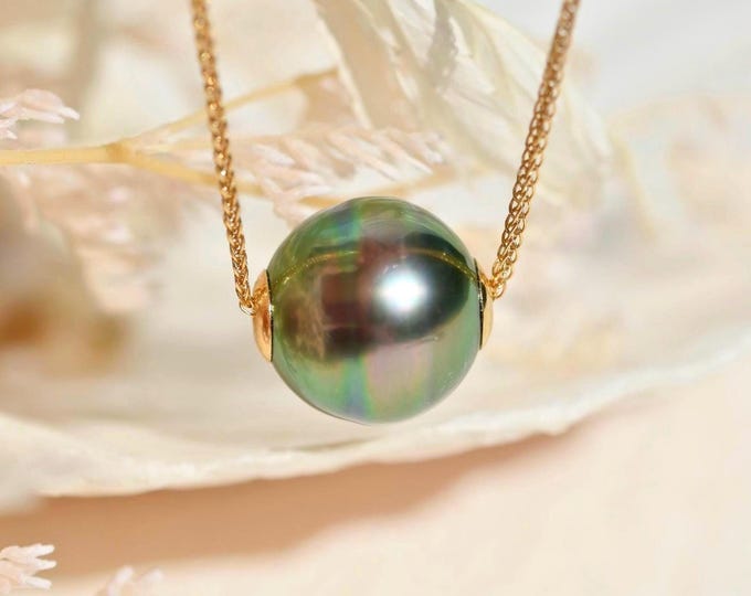 Floating Tahitian Pearl Necklace: Vivid Peacock, Solid 18K Gold Pin-end Chain, 11mm, AAA+, Circled Pearl