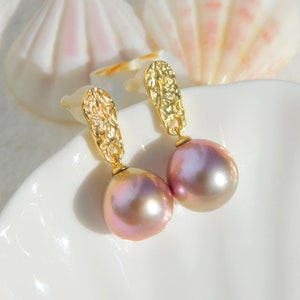 Vermeil Metallic Freshwater Pearl Earrings AAA Mauve Pink Near Round 11.4mm Yellow Gold over Silver Metallic image 4