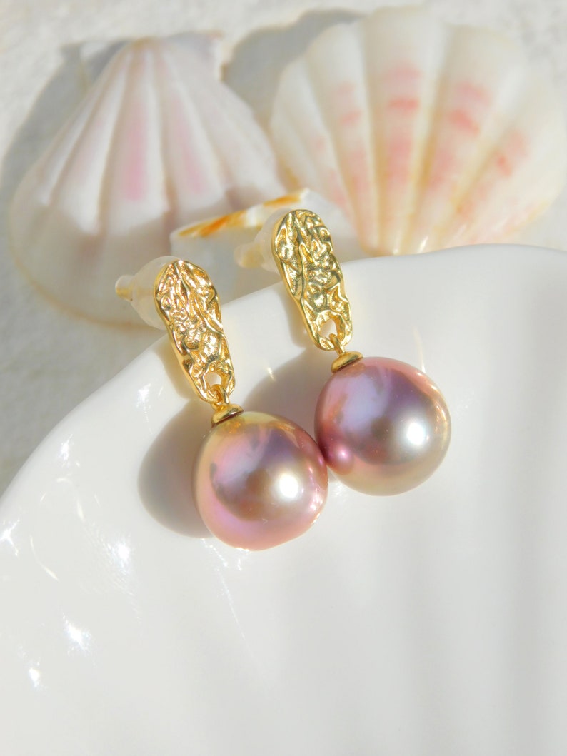 Vermeil Metallic Freshwater Pearl Earrings AAA Mauve Pink Near Round 11.4mm Yellow Gold over Silver Metallic image 4