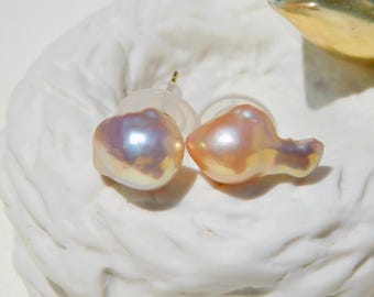 Super Metallic Baroque Pearl Studs | Mismatched | Unmatched | Freshwater Pearl Studs | Golden | Solid 18k Gold Studs | Ultimate Luster