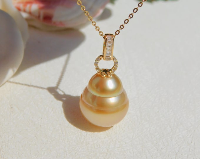 13.2mm Golden South Sea Pearl Pendant (No Chain) | Solid 18kt Yellow Gold with CZ | Deep Tone Golden | Single Pearl Pendant | AAA | No Chain