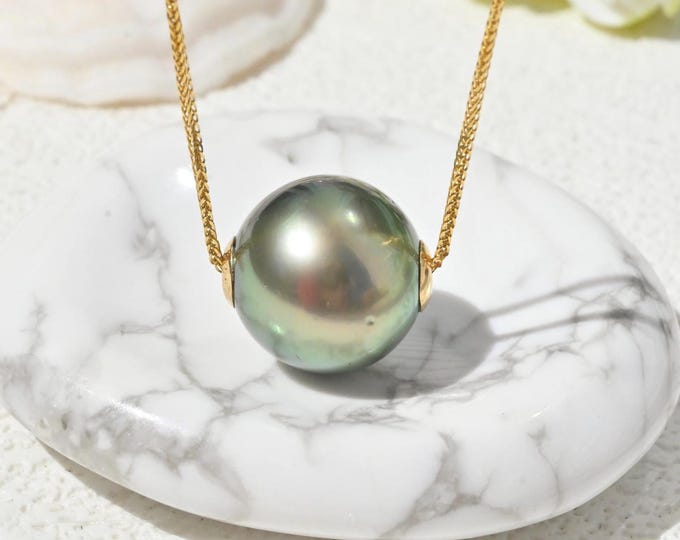 12.2mm Floating Tahitian Pearl Necklace: Solid 18K Pin-end Chain, Platinum Green