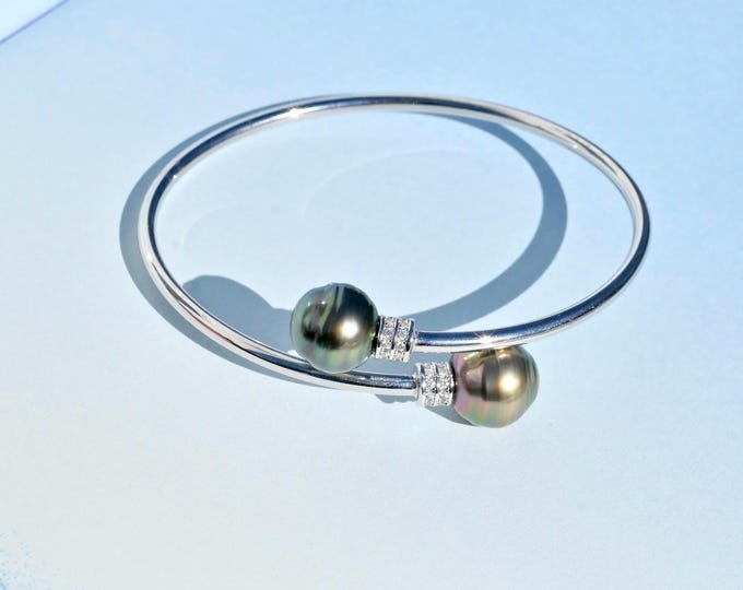 Dual Pearl Bypass Bangle: 2.6mm Round Sterling Silver Open Bangle, 6.25-6.5 inch Wrist Size, Circled Tahitian Pearls