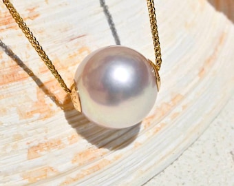 10.8mm Floating Tahitian Pearl Necklace: Eggshell, Solid 18K Pin-end Chain, AAA