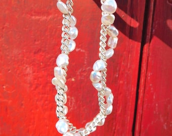 Freshwater Keshi Pearl & Chain Necklace: Pearl and Cuban Chain Braided, 15.5 Inch, Sterling Silver, Chunky Necklace