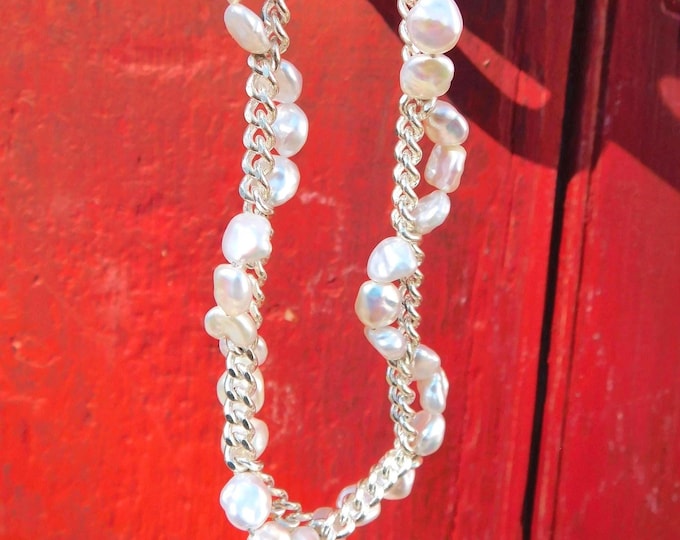 Freshwater Keshi Pearl & Chain Necklace: Pearl and Cuban Chain Braided, 15.5 Inch, Sterling Silver, Chunky Necklace