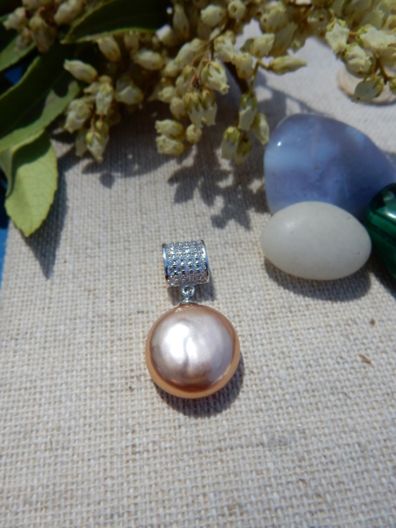13mm Metallic Peach Single Pearl Pendant Coin Champagne Pearl Pendant Ready to Ship Silver