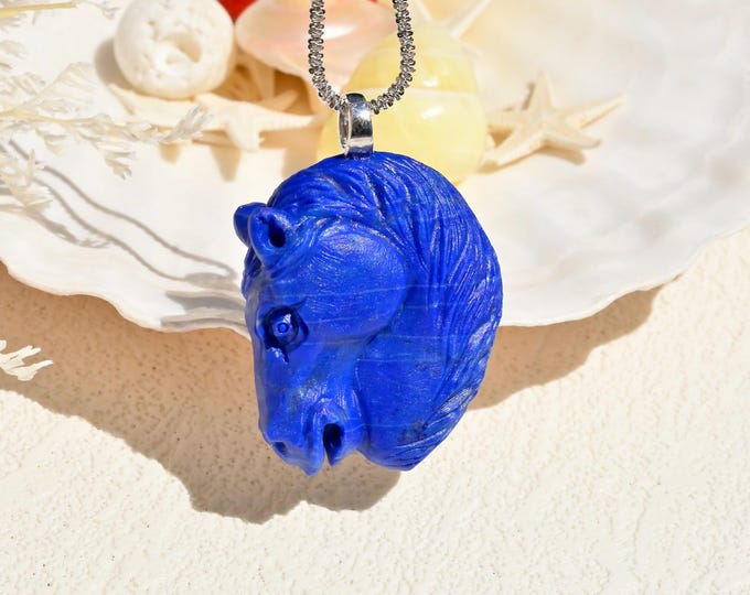 Hand-carved Lapis Lazuli Horse Pendant: Solid 18K White Gold Bail, Blue Gemstone
