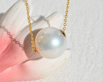 13.4mm White Floating Pearl Necklace: AAA, Dainty, Solid 18K Yellow Gold Pin-end Chain