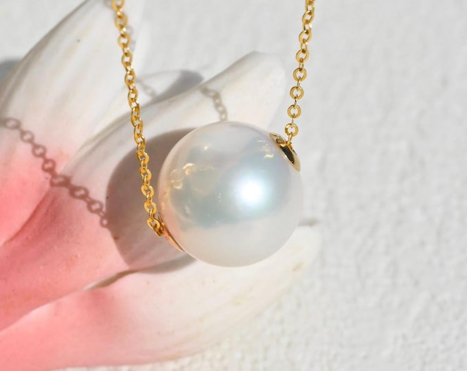 13.4mm White Floating Pearl Necklace: AAA, Dainty, Solid 18K Yellow Gold Pin-end Chain