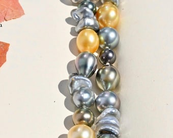 26-inch veelkleurige Zuidzeeparelketting: Tahitiaans, Keshi, gouden parels, AAA, geen sluiting