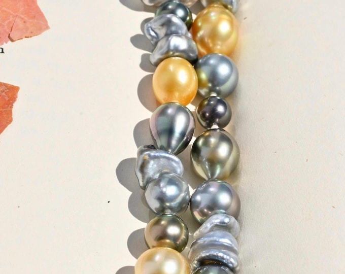 26-inch Multicolor South Sea Pearl Necklace: Tahitian, Keshi, Golden Pearls, AAA, No Clasp