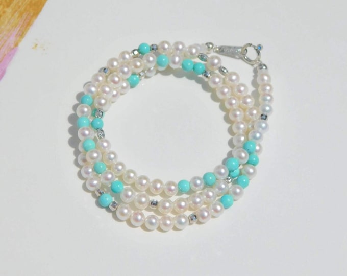 Petite Freshwater Pearl and Turquoise Necklace |  4mm | White | Green Blue | Pearl and Gemstone | Solid 18kt White Gold | AAA+ | 16.5 Inches