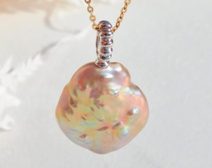 Super Metallic Baroque Pearl Pendant | Baby Pink Pistachio | 18mm *23mm | Solid 18K White Gold Bail | Freshwater Pearl Pendant | No Chain