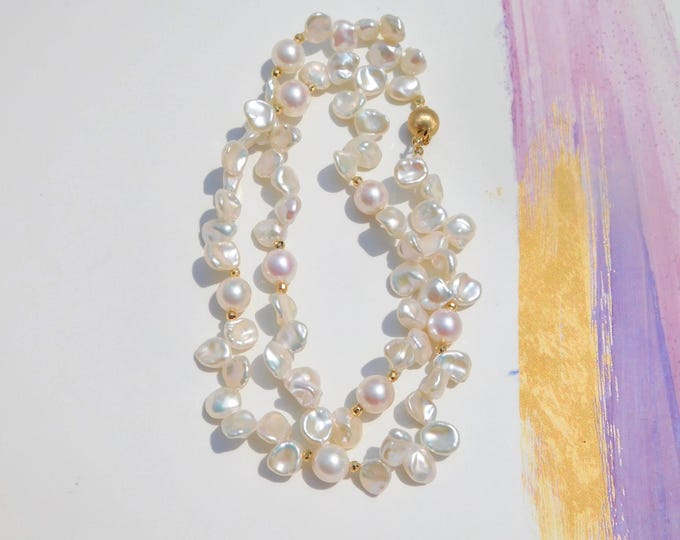 Freshwater Keshi Petal Pearl Necklace | Solid 14K/18K Yellow Gold | Free Formed Pearls | White with Pink | Baroque Pearl Necklace | AAA