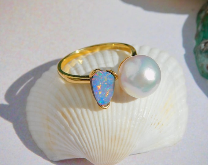 9.8mm Akoya Pearl and Opal Ring | Australian Doublet Opal | AAA |  Open Ring | Baroque | Solid 9k Yellow Gold | Adjustable 7 US to 8 US