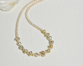 Light Golden South Sea Keshi Pearl Necklace: Solid 18K Gold Clasp, Akoya Pearls, Saltwater Pearl Necklace, AAA, 17.25 Inches