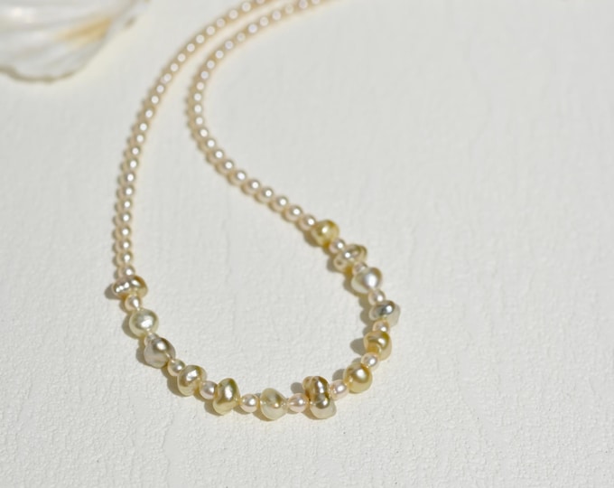 Akoya & Golden South Sea Keshi Pearl Necklace: Solid 18K Gold Clasp, Pastel Cream, Golden Pistachio