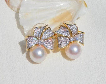 8.7mm Akoya Pearl Earrings | Cluster Bows | Modern Design |  White | Near Round | White Gold over Silver | Japanese Saltwater Pearls | AAA