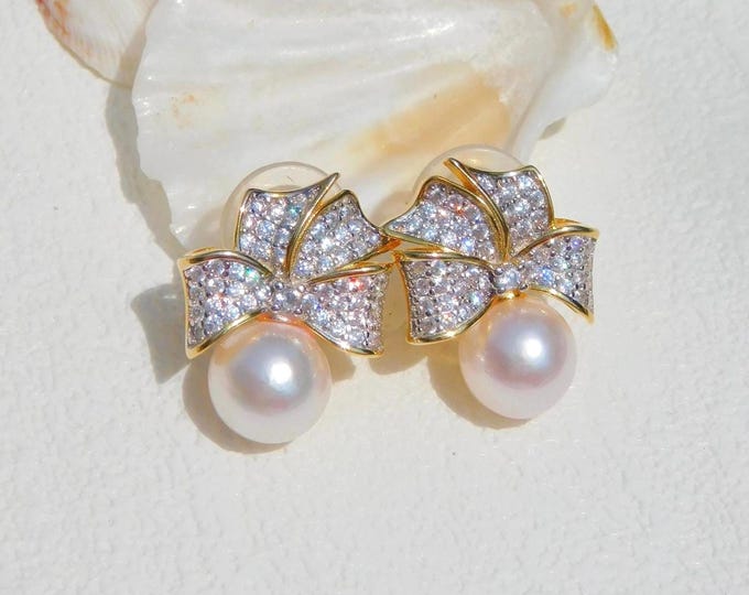 8.7mm Akoya Pearl Earrings | Cluster Bows | Modern Design |  White | Near Round | White Gold over Silver | Japanese Saltwater Pearls | AAA