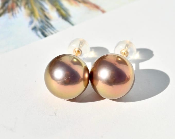 Freshwater Pearl Studs: Solid 18K Gold, 10.5mm, Copper Red Pistachio, AAA+, Metallic