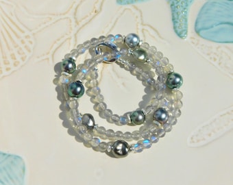 Moonstone & Tahitian Pearl Necklace: 19.5 Inch, Gray Blue, Sterling Silver, AAA, Gemstone and Pearl Necklace