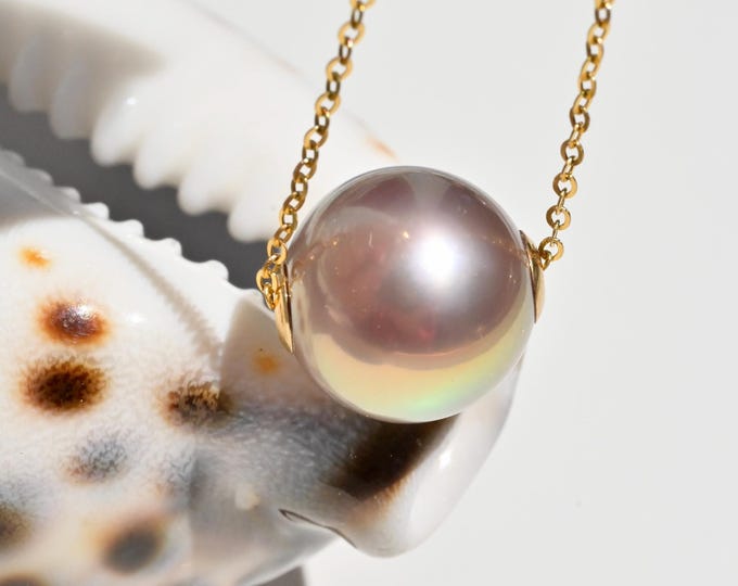 12.2mm Floating Pearl Necklace: Large Freshwater Pearl, Solid 18K Gold Pin-end Chain, AAA+, Rose Mauve