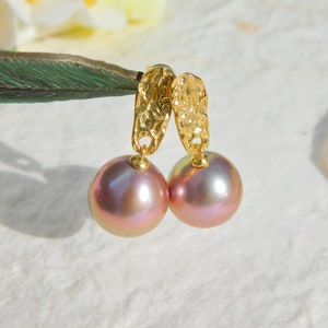 Vermeil Metallic Freshwater Pearl Earrings AAA Mauve Pink Near Round 11.4mm Yellow Gold over Silver Metallic image 6