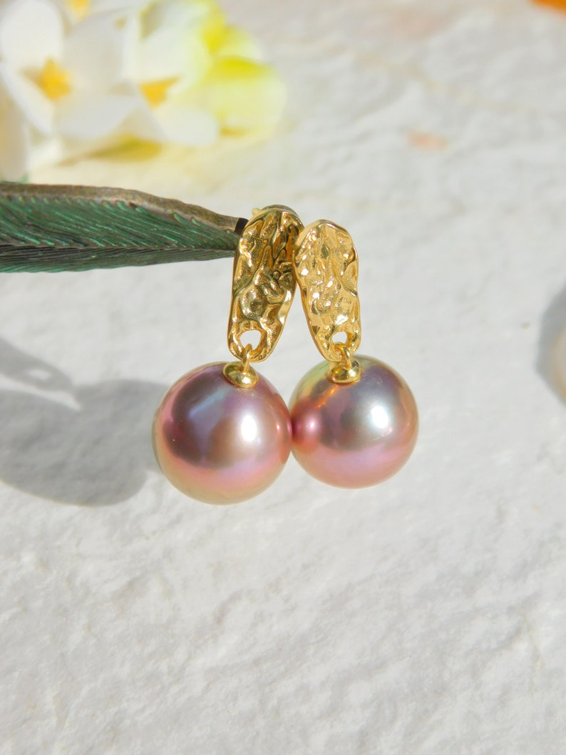 Vermeil Metallic Freshwater Pearl Earrings AAA Mauve Pink Near Round 11.4mm Yellow Gold over Silver Metallic image 6