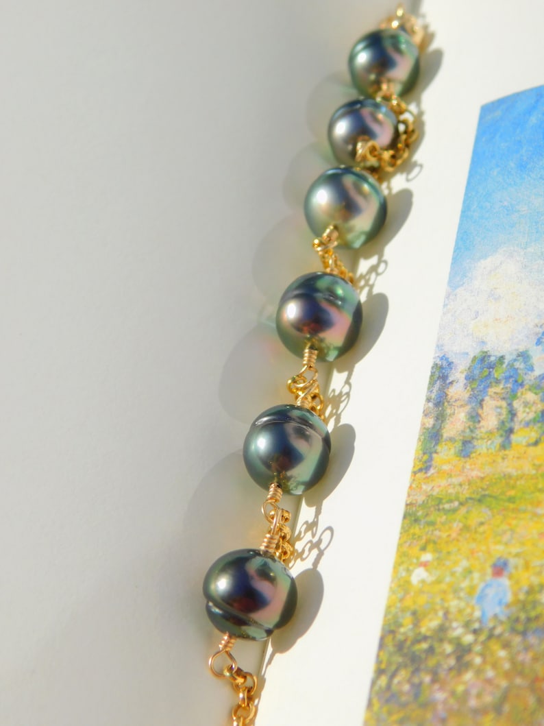 Black Pearls Peacock Adjustable Length Gold filled Rolo Chain AAA Wire Work Circled Tahitian Pearl Satellite Bracelet