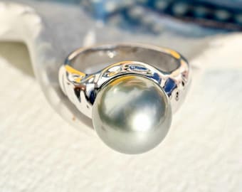11.6mm Pastel Gray Green Tahitian Pearl Ring: AAA, Round, Size 6 US, White Gold Plated Silver, Heavy Set
