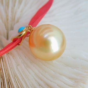 13mm Light Golden South Sea Pearl Pendant Solid 18K Gold Bail AAA Mother of Pearl and Turquoise Saltwater Pearl Pendant image 9