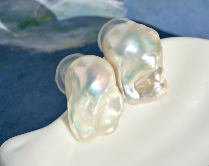Fireball Baroque Pearl Studs: Solid 18K Gold, White, AAA+, Large Studs, 15mm*22mm