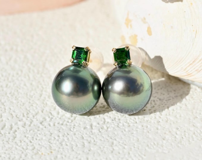 9.7mm Tahitian Pearl Studs: Natural Tsavorite, Gem Green, AAA, Solid 14K Gold, Au585