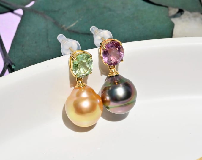 Mismatched Tourmaline Pearl Drop Earrings: Golden South Sea and Tahitian Pearls, 9K Gold, 11.5mm, AAA