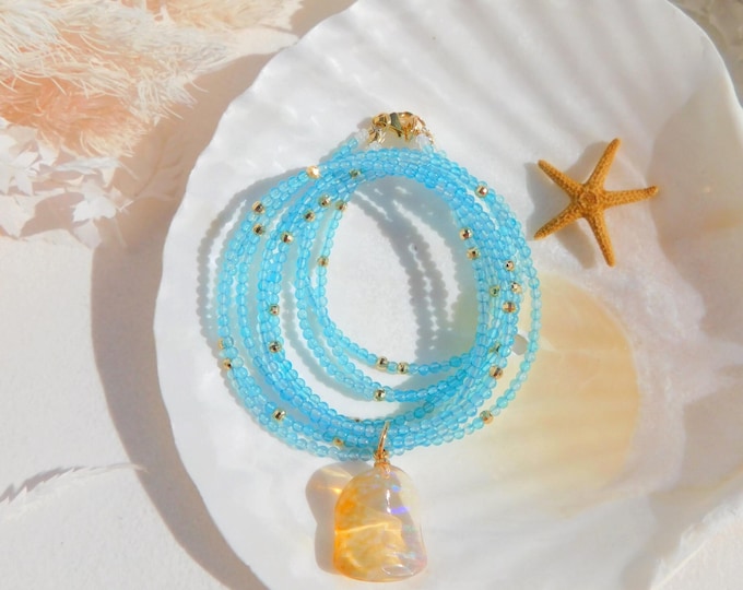 Multi-strand Blue Chalcedony and Mexican Opal Pendant Necklace | Natural Gemstones | Solid 18k Yellow Gold | 17.5 Inches | Blue | Opal