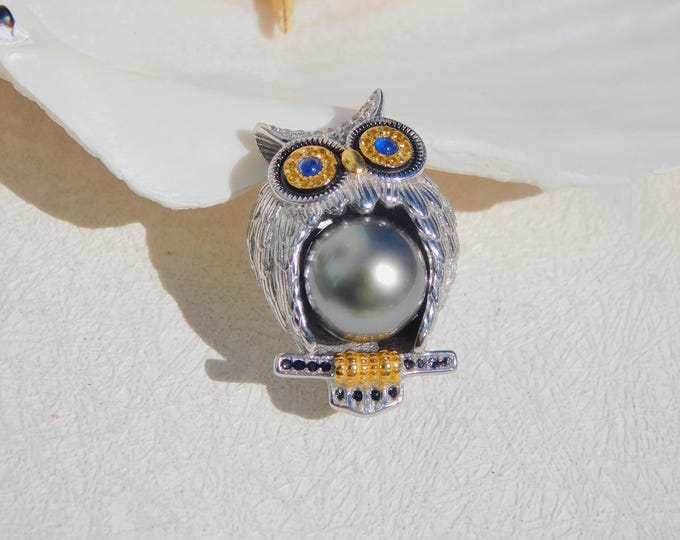 Tahitian Pearl Owl Brooch | Sterling Silver | 13mm | S925 | AAA | Pearl Pin | Animal Brooch | Black Pearl Pin | Cute Owl | Animal Pin