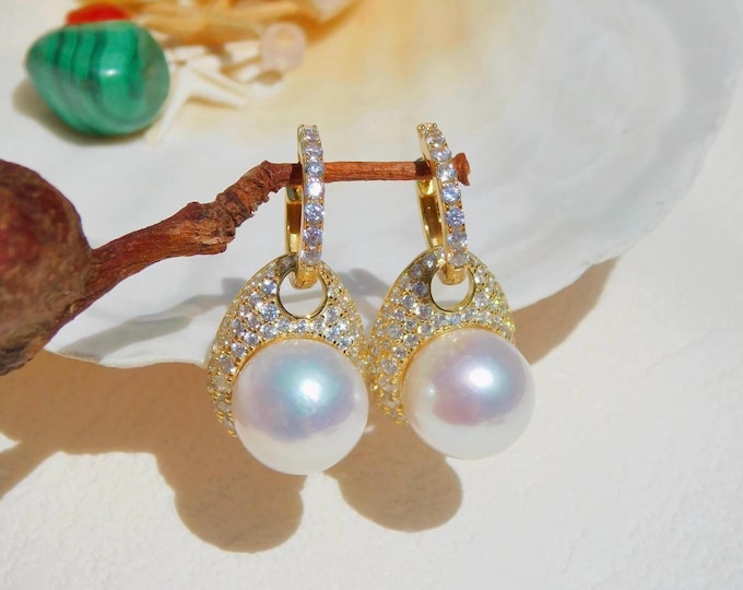 11.5mm Cluster Hoop Pearl Earrings | AAA+ | Freshwater Pearl Earrings |  White Pink Overtone | White Gold Plated Silver | Hoops | Versatile
