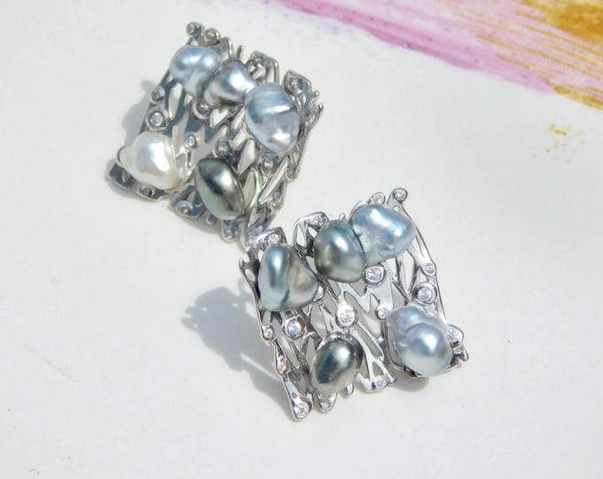 Multi Tahitian Keshi Pearl Stud Earrings | Gray | Square Earrings | 17 *17mm | Tahitian Pearls | AAA | Baroque Pearls | Silver | S925