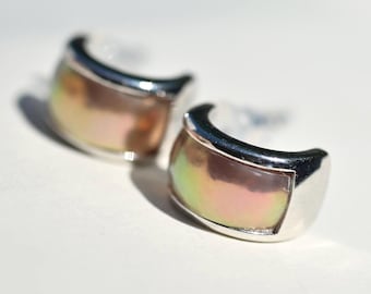 Sliced Pearl Half Hoop Earrings: White Gold Plated Sterling Silver, Sliced Cultured Freshwater Pearls