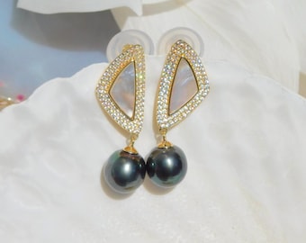 10mm Black Tahitian Pearl Earrings | Triangle Mother of Pearl | AAA | Gold Plated Over Silver | Saltwater Pearl Earrings |  Green Black