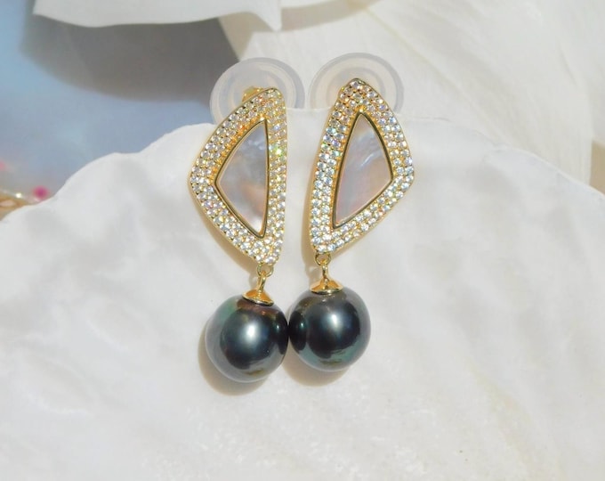 10mm Black Tahitian Pearl Earrings | Triangle Mother of Pearl | AAA | Gold Plated Over Silver | Saltwater Pearl Earrings |  Green Black